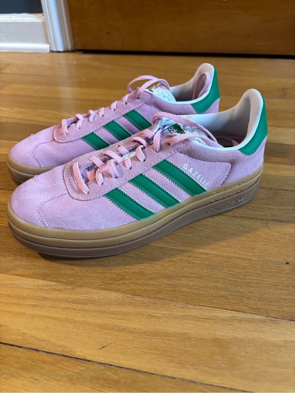 adidas Pink Suede Gazelle Sneakers with Green Stripes